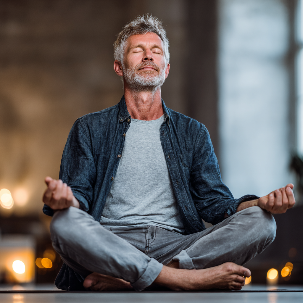 Peaceful middle-aged Ukrainian woman practicing yoga in lotus position outdoors, surrounded by nature, wearing comfortable yoga attire, with a serene expression showing inner calm and wellness