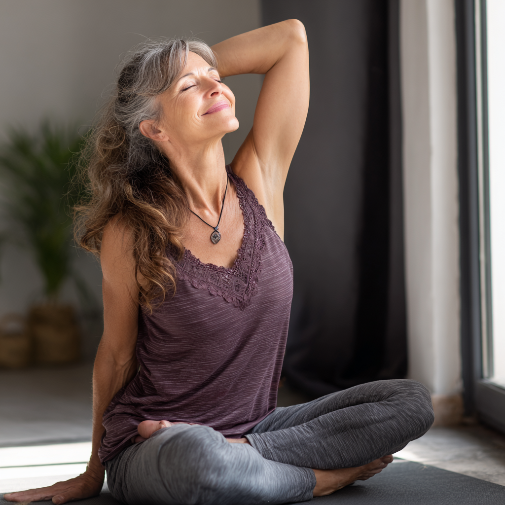 Senior Ukrainian man in his 50s practicing deep breathing exercises outdoors, sitting cross-legged with eyes closed, demonstrating proper pranayama technique in a peaceful garden setting