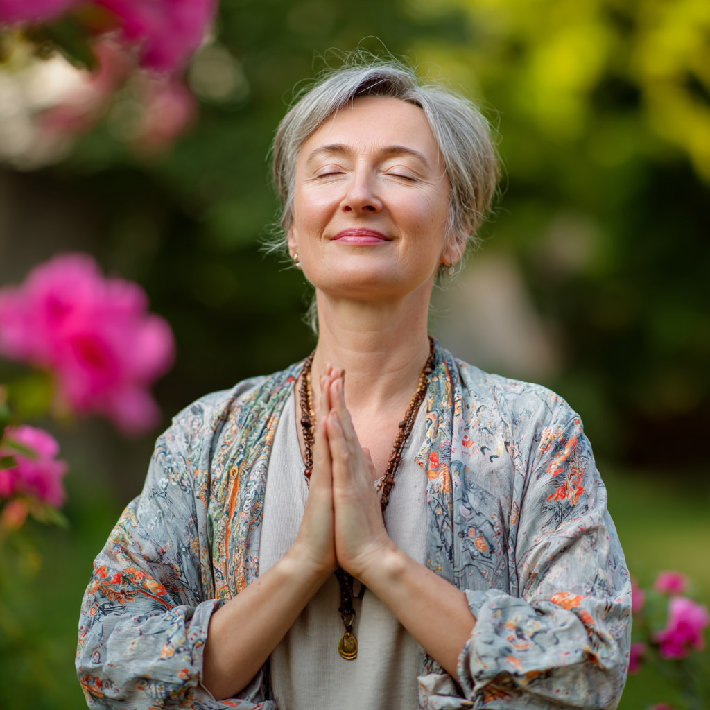 Group of diverse Ukrainian adults aged 35-60 practicing yoga together outdoors during golden hour, showing peaceful expressions and various yoga poses, creating sense of community and wellness